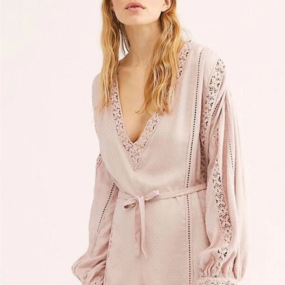 Free People Blush Lace-Trim V-Neck Tie-Waist Romper